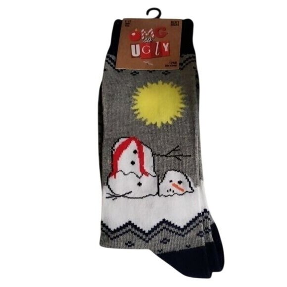 OMG So Ugly sz 8-12 Melting Snowman Mens Socks Christmas Holiday Winter Gray NEW - Picture 3 of 3
